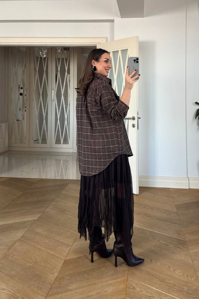 Tuba Brown Casual Plus Size Checkered Shirt Wholesale Clothing Work