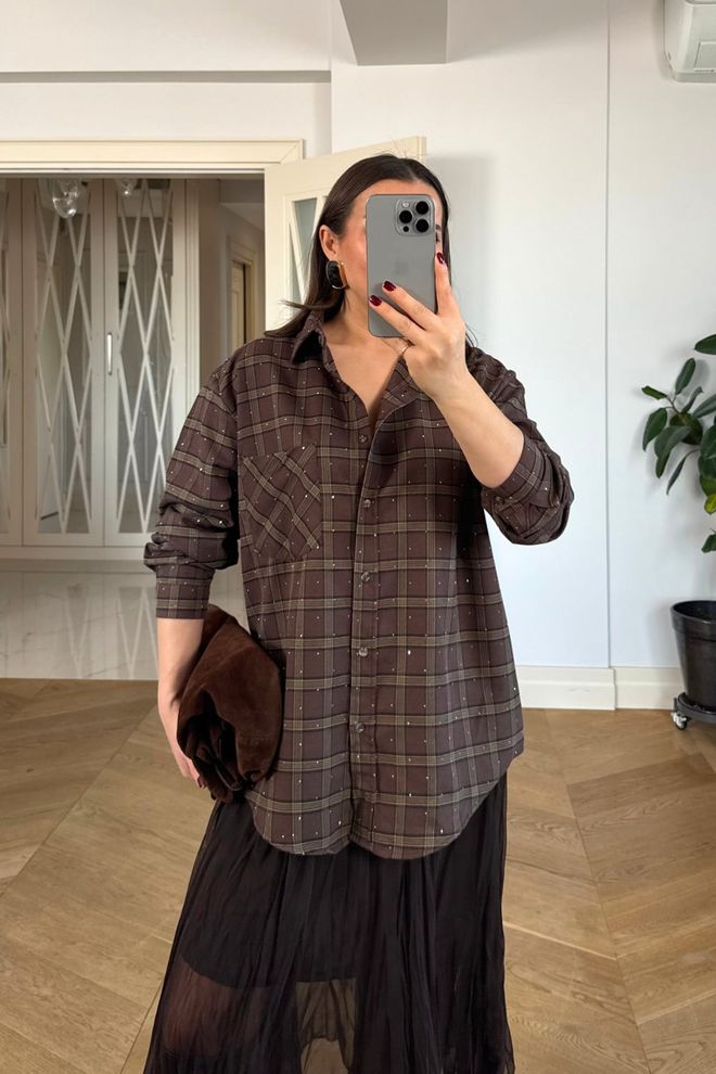 Tuba Brown Casual Plus Size Checkered Shirt Wholesale Clothing 1