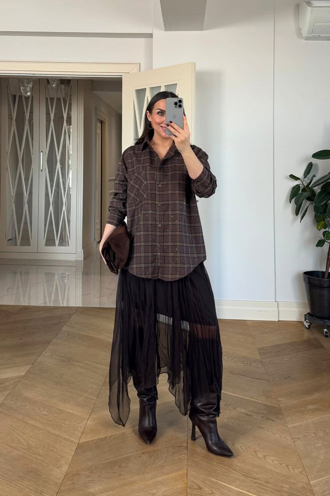 Tuba Brown Casual Plus Size Checkered Shirt Wholesale Clothing Vintage