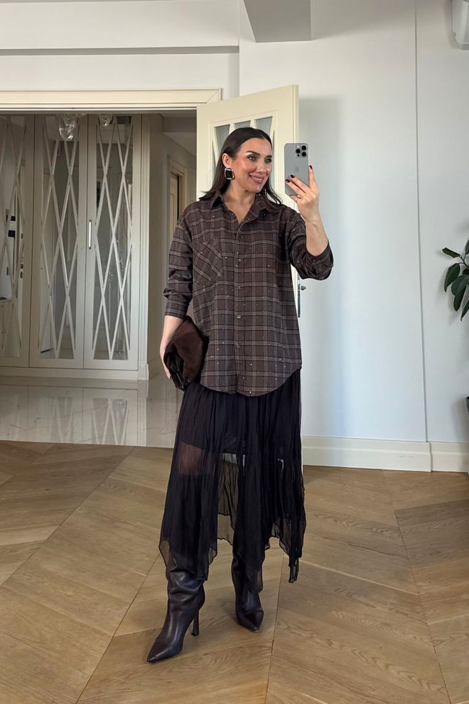 Tuba Brown Casual Plus Size Checkered Shirt Wholesale Clothing Spring