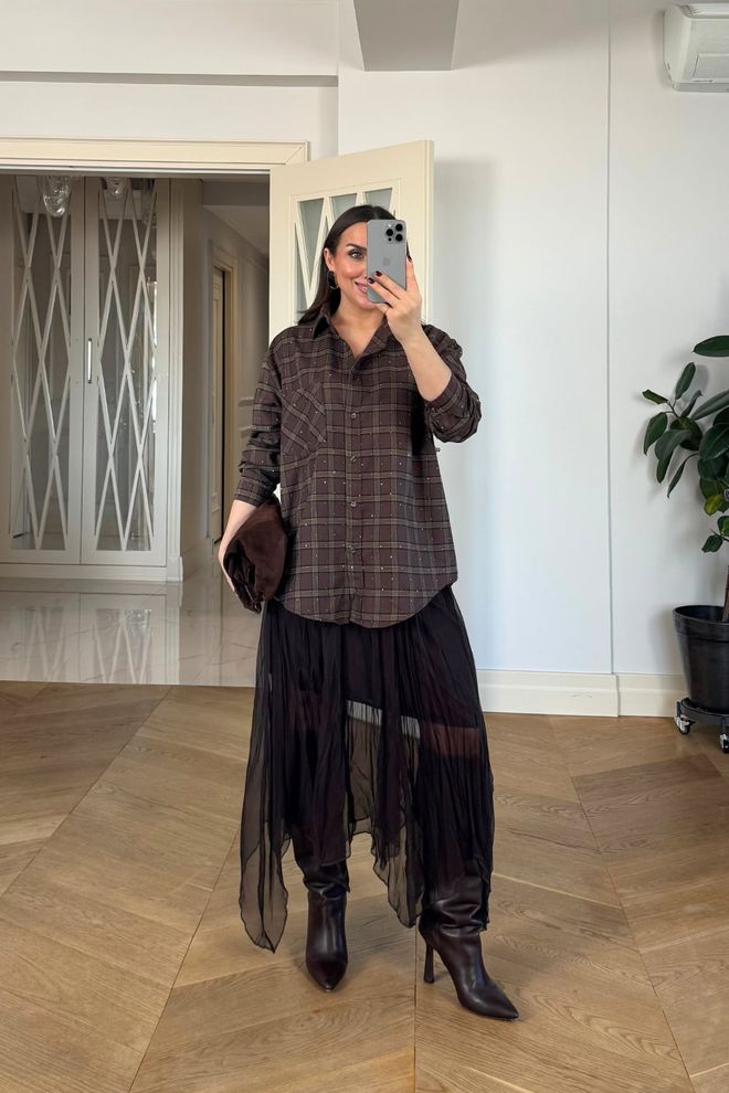 Tuba Brown Casual Plus Size Checkered Shirt Wholesale Clothing 5