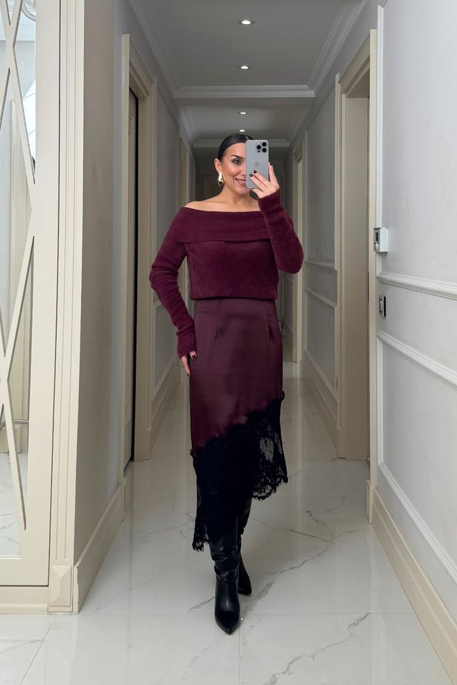 Tuba Бордовый Красный Асимметричная Миди Юбка Оптовая продажа одежды Работа