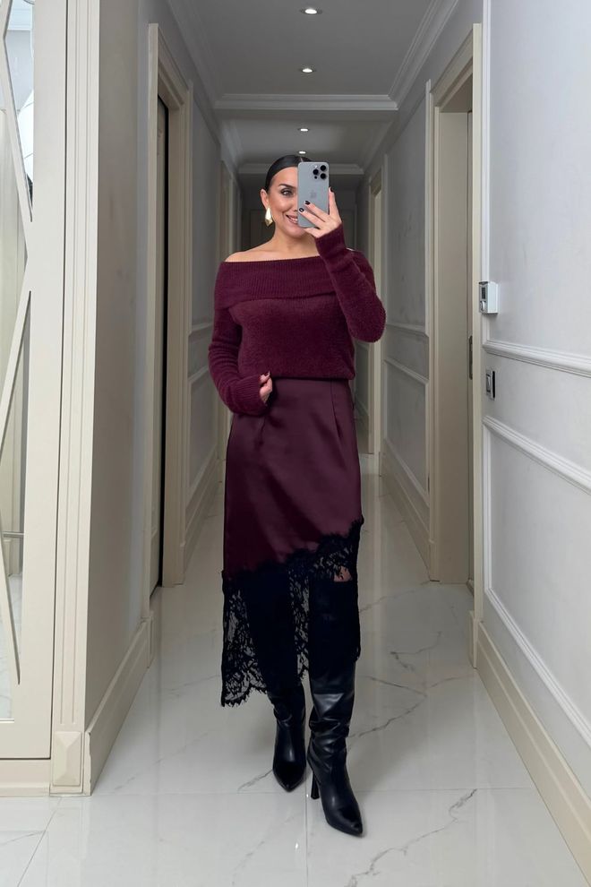 Tuba Bordo Asimetrik Midi Etek Toptan Giyim Seksi