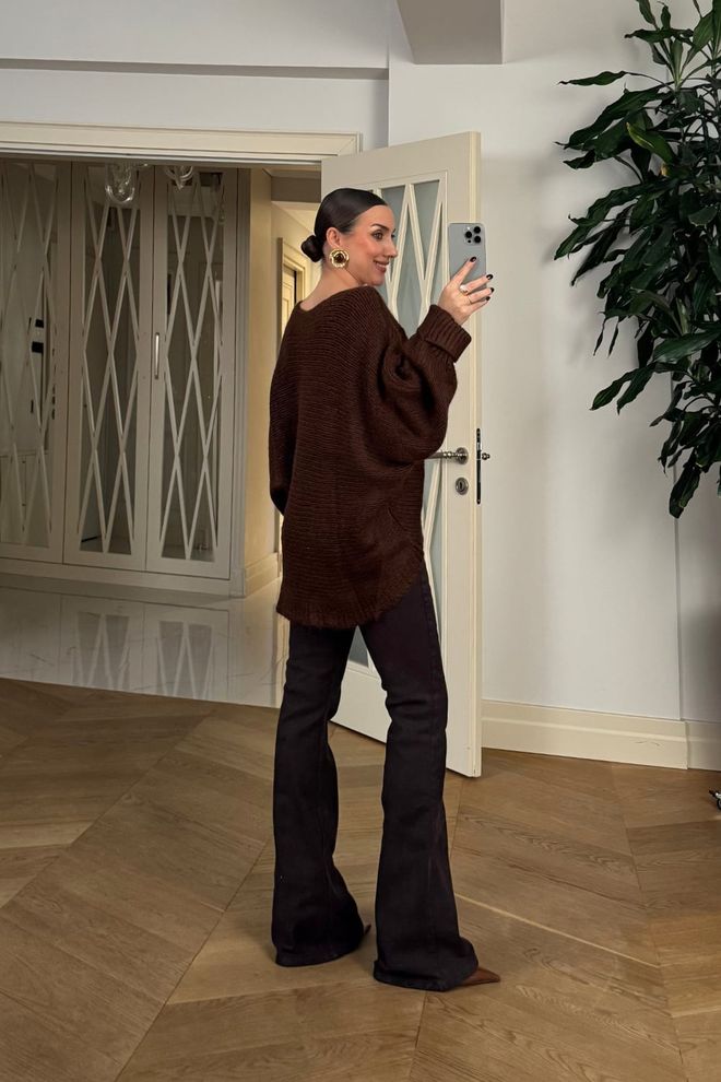 Tuba Brown Oversized Fit Long Sleeve Cardigan Wholesale Clothing Work