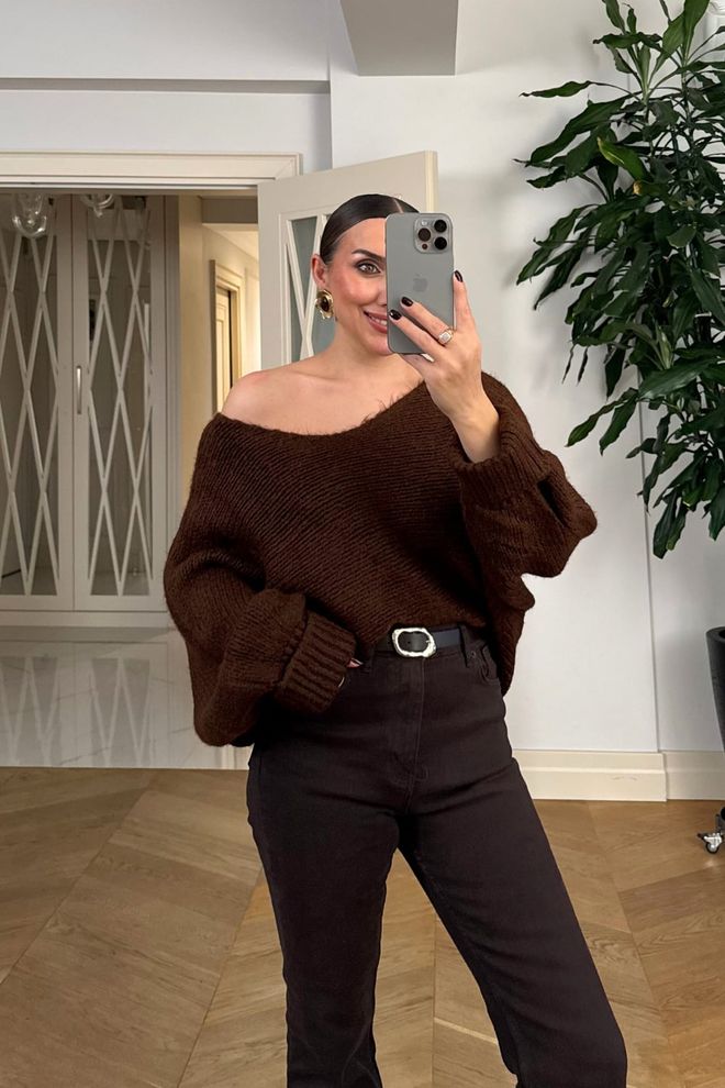 Tuba Brown Oversized Fit Long Sleeve Cardigan Wholesale Clothing 1