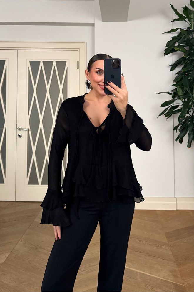 Tuba Black Elegant Formal Ruffle Sleeve Shirt Wholesale Clothing Spring