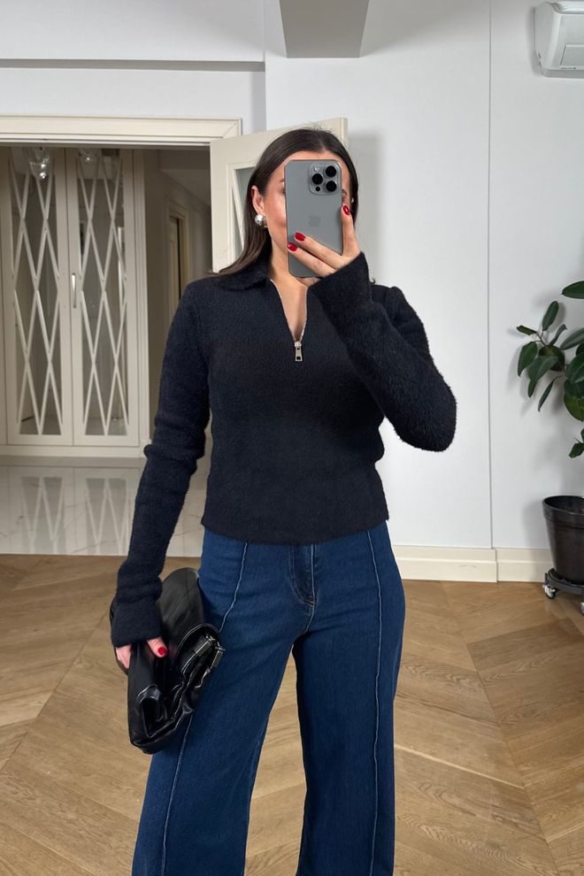 Tuba Black Cardigan Slim Fit Zip Up With Notched Neck Wholesale Clothing 1