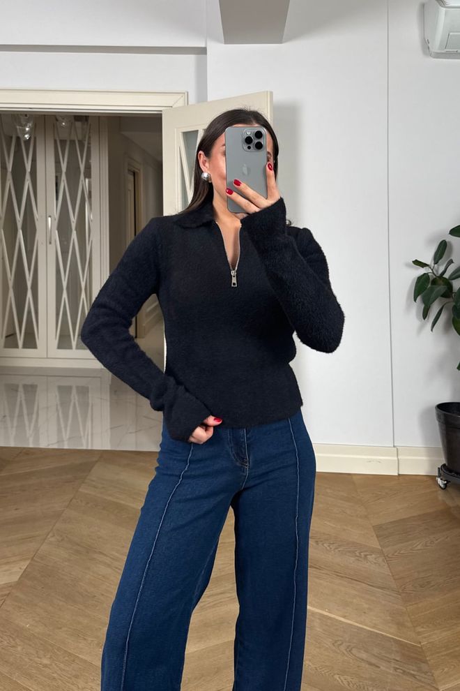 Tuba Black Cardigan Slim Fit Zip Up With Notched Neck Wholesale Clothing Lounge