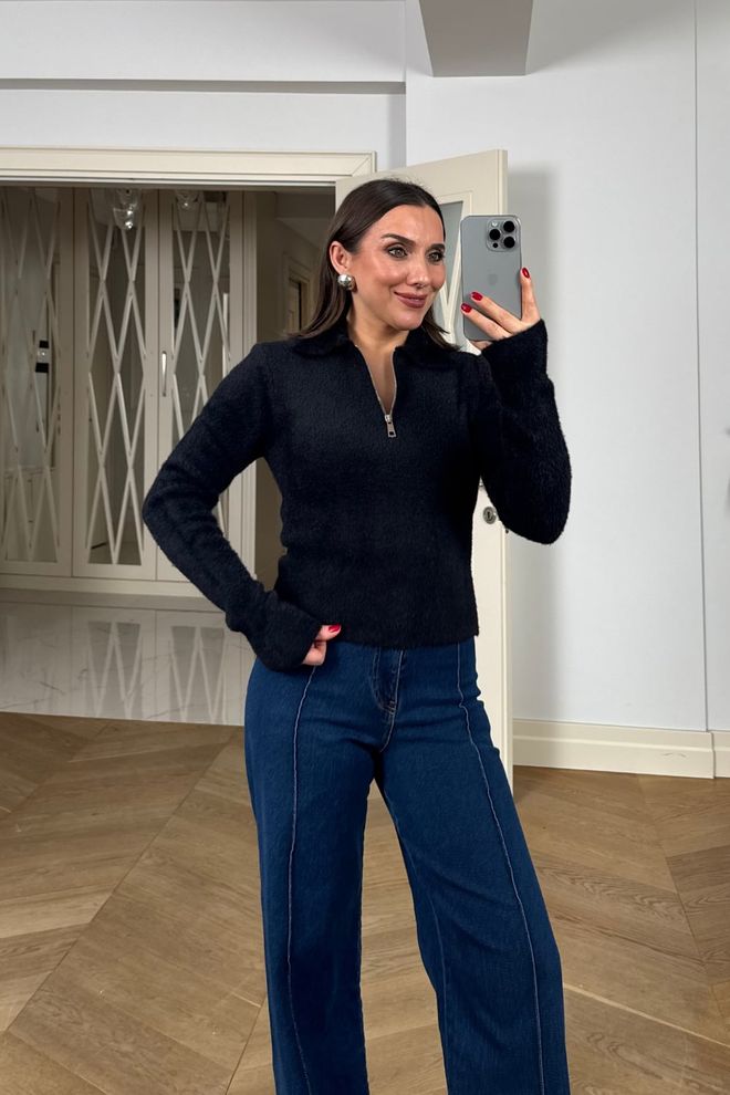 Tuba Black Cardigan Slim Fit Zip Up With Notched Neck Wholesale Clothing Spring