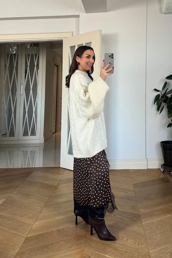 Tuba Brown Polka Dot Midi Slit Skirt Wholesale Clothing Cocktail