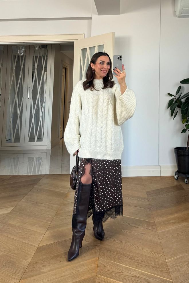 Tuba Falda Midi Marrón De Lunares Con Abertura Y Cintura Media Ropa al por mayor Casual