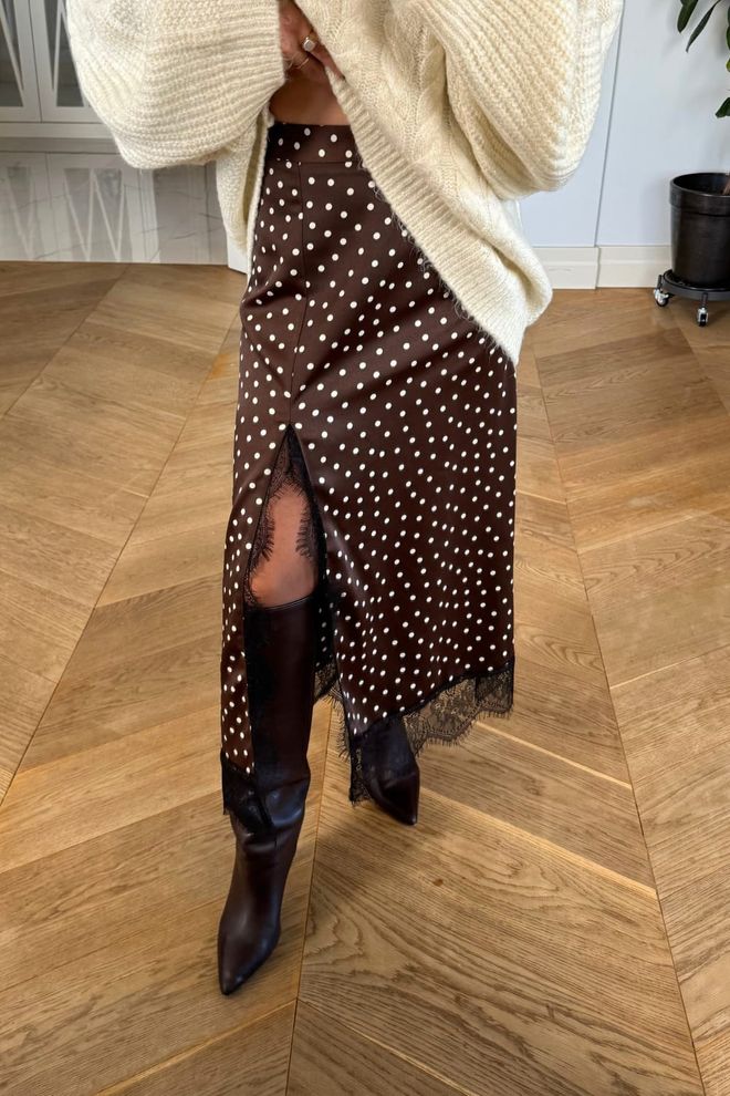 Tuba Brown Polka Dot Midi Slit Skirt Wholesale Clothing Work