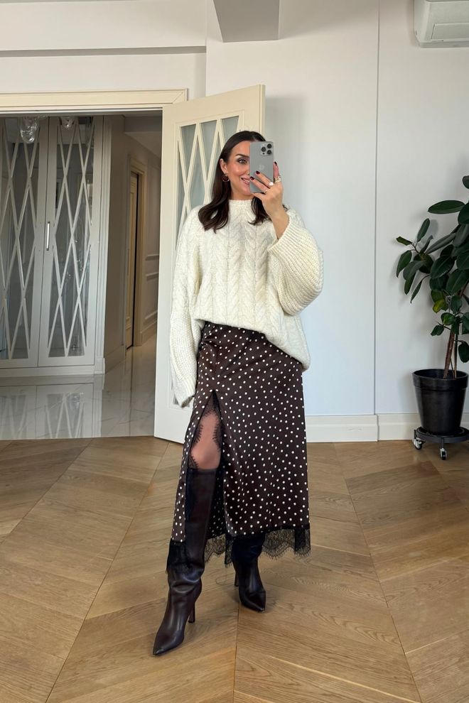 Tuba Brown Polka Dot Midi Slit Skirt Wholesale Clothing Spring