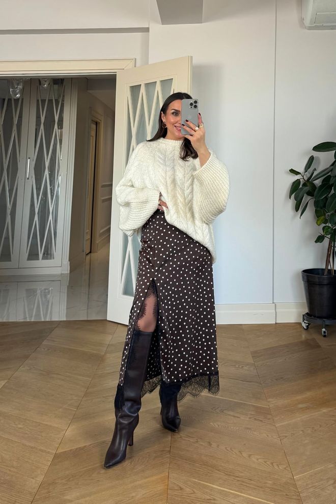 Tuba Brown Polka Dot Midi Slit Skirt Wholesale Clothing 5