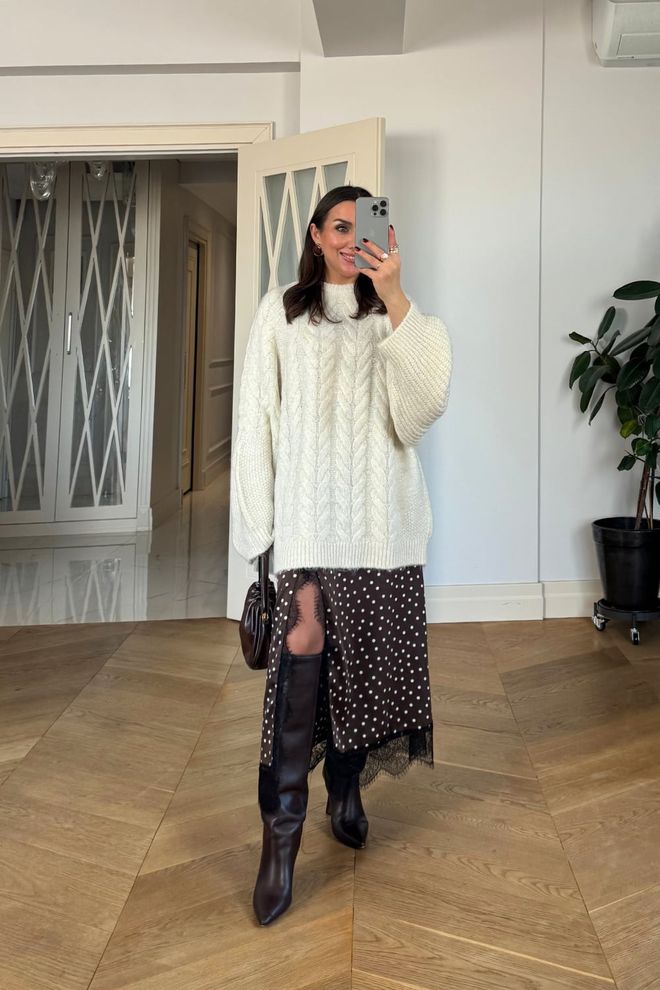 Tuba Brown Polka Dot Midi Slit Skirt Wholesale Clothing 1