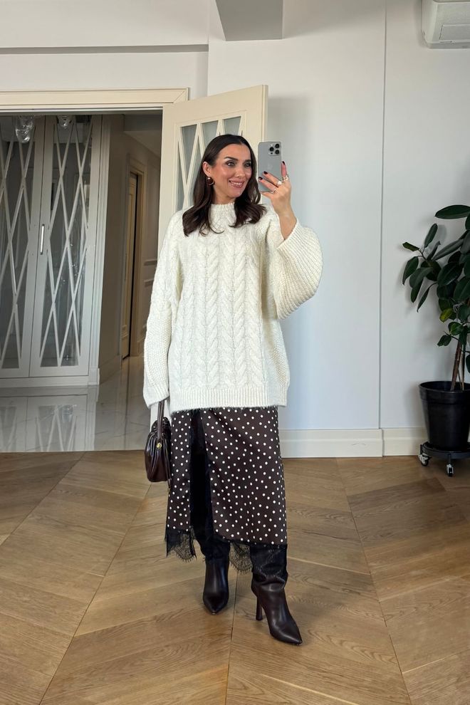 Tuba Brown Polka Dot Midi Slit Skirt Wholesale Clothing Sexy