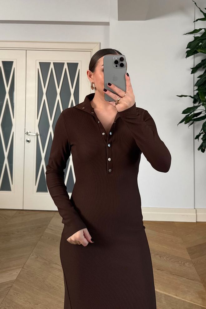 Tuba Elegant Brown Sheath Dress With Polo Neck Wholesale Clothing Cocktail