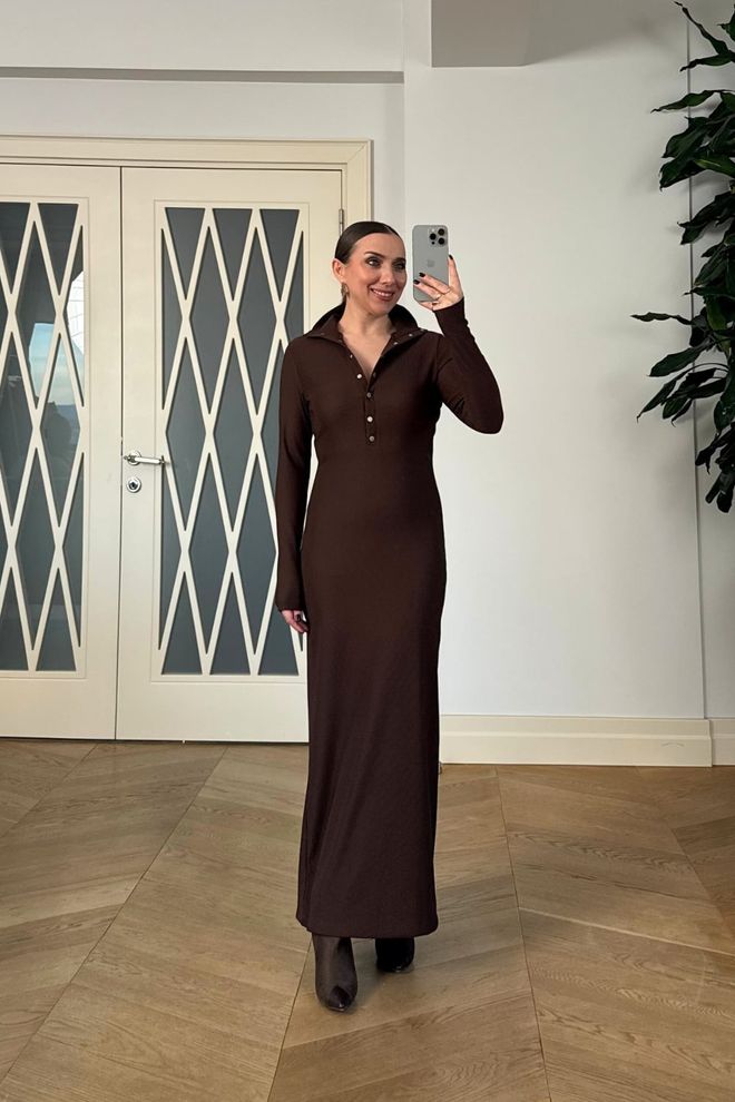 Tuba Elegant Brown Sheath Dress With Polo Neck Wholesale Clothing Work