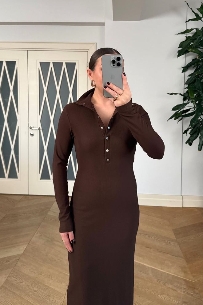 Tuba Elegant Brown Sheath Dress With Polo Neck Wholesale Clothing Elegant