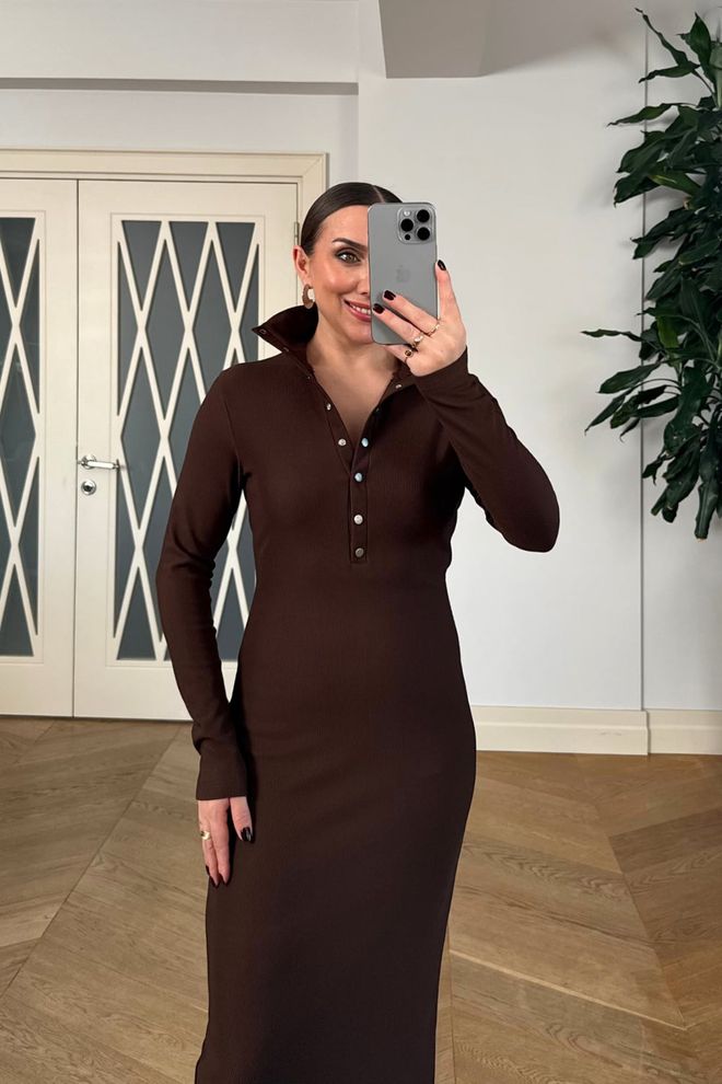 Tuba Elegant Brown Sheath Dress With Polo Neck Wholesale Clothing 5