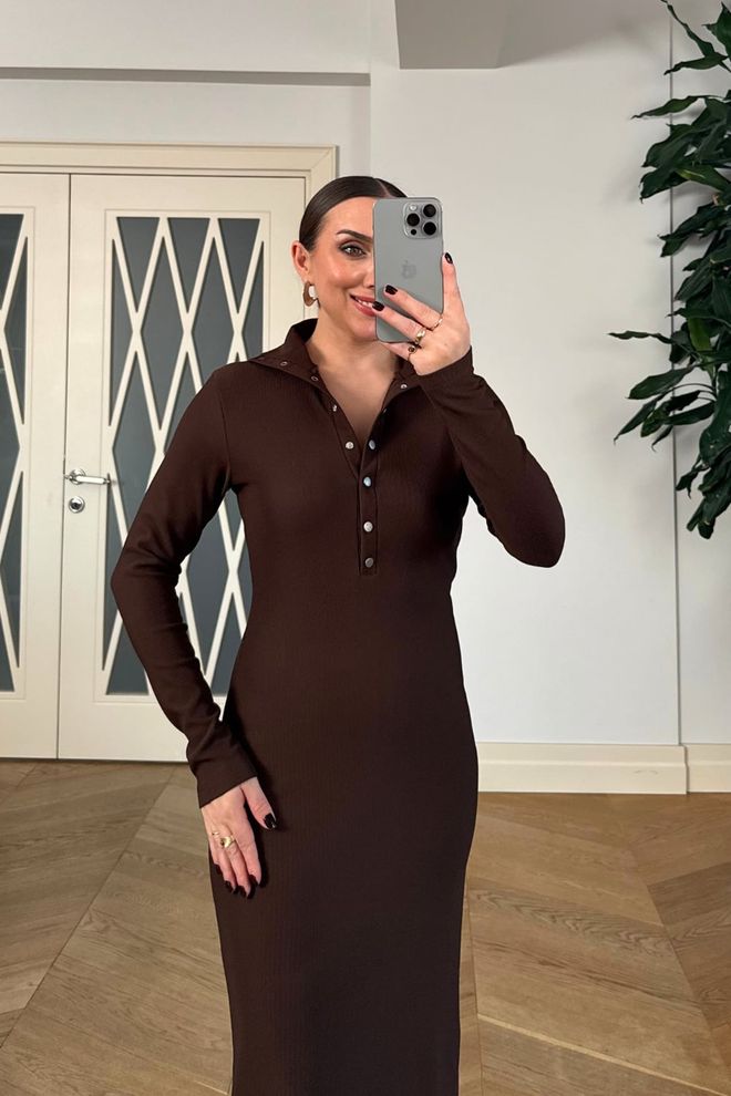 Tuba Elegant Brown Sheath Dress With Polo Neck Wholesale Clothing Fall