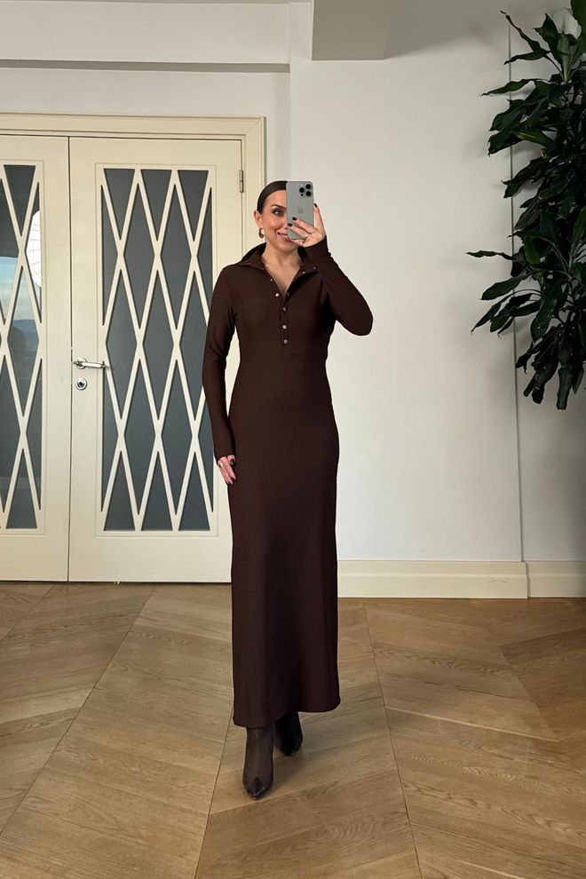 Tuba Elegant Brown Sheath Dress With Polo Neck Wholesale Clothing 1