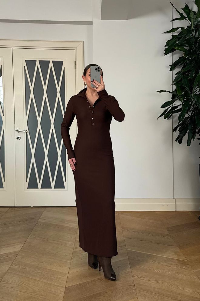 Tuba Elegant Brown Sheath Dress With Polo Neck Wholesale Clothing Winter