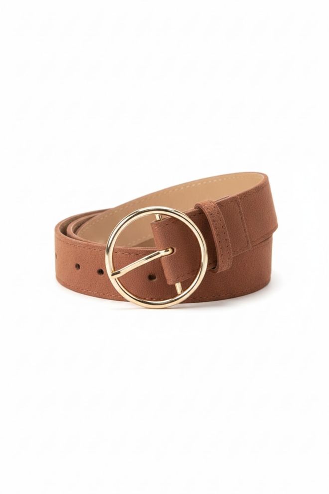 Tuba Faux Suede Women's Belt With Round Buckle Camel Wholesale Clothing 0