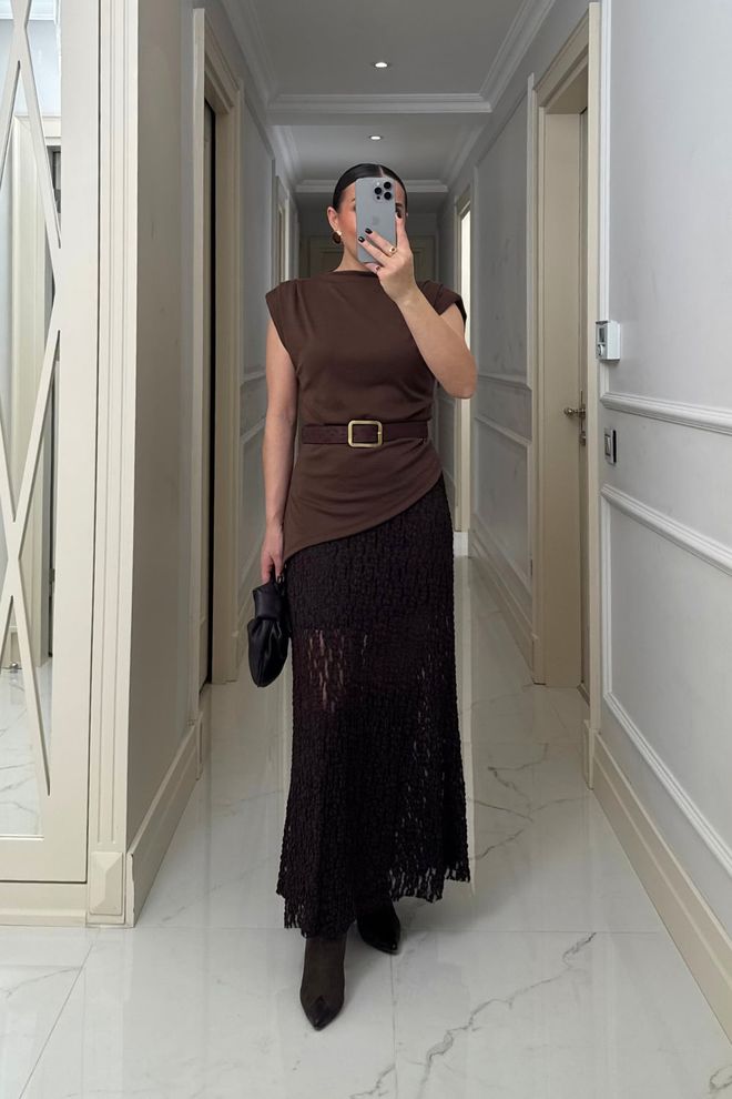 Tuba Brown Elegant Flared Maxi Skirt High Waist Wholesale Clothing Formal