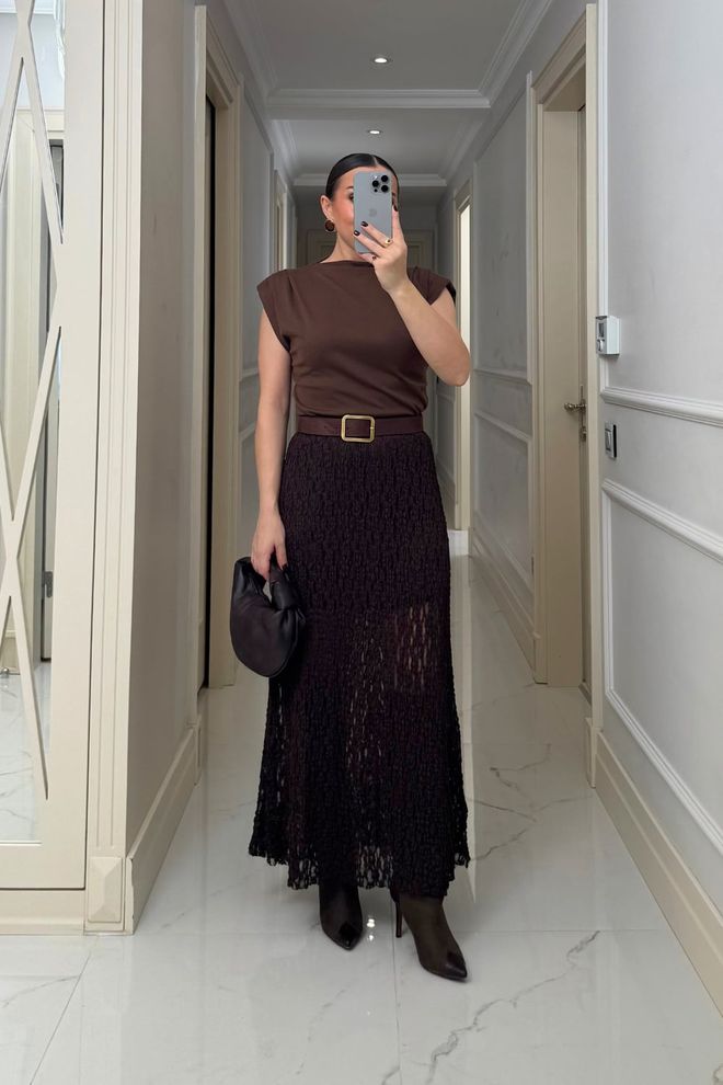 Tuba Brown Elegant Flared Maxi Skirt High Waist Wholesale Clothing Modest