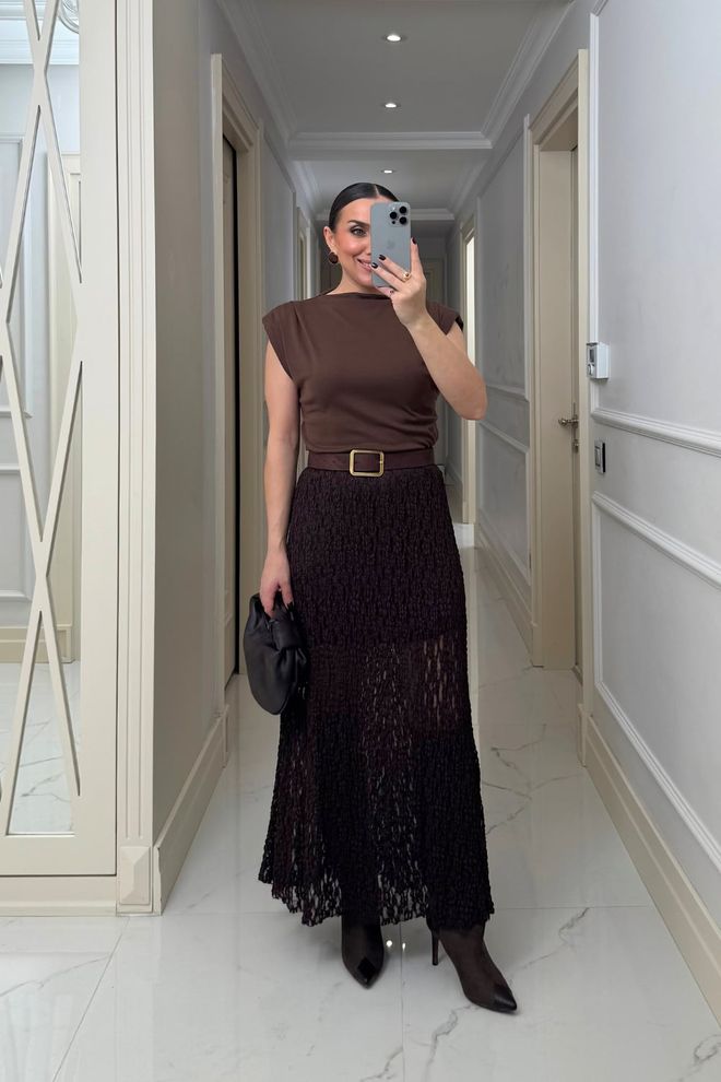 Tuba Brown Elegant Flared Maxi Skirt High Waist Wholesale Clothing Work