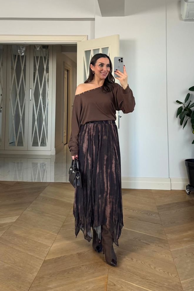 Tuba Brown Asymmetrical Maxi Skirt High Waist Pull On Wholesale Clothing Spring