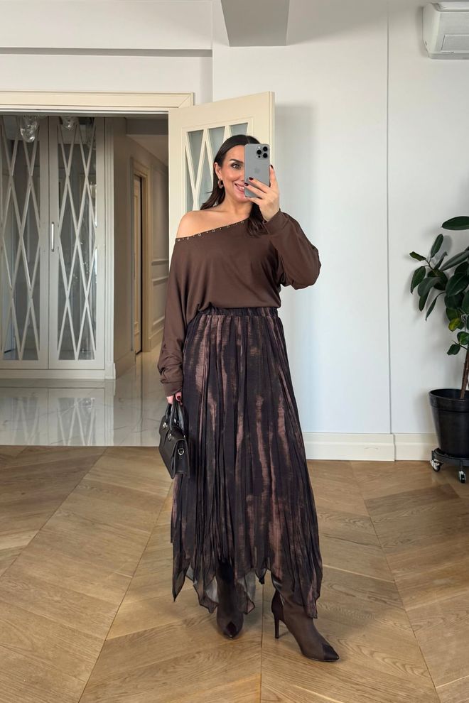 Tuba Brown Asymmetrical Maxi Skirt High Waist Pull On Wholesale Clothing Work