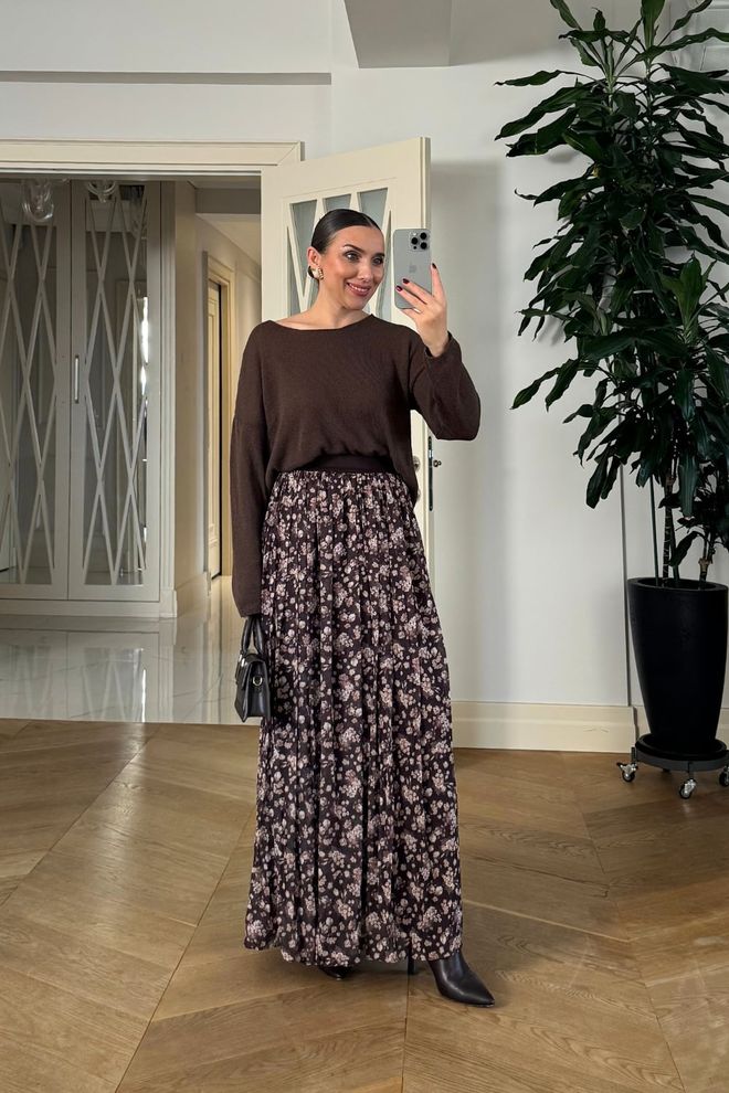 Tuba Brown Pleated Maxi Skirt With Floral Pattern Wholesale Clothing Modest