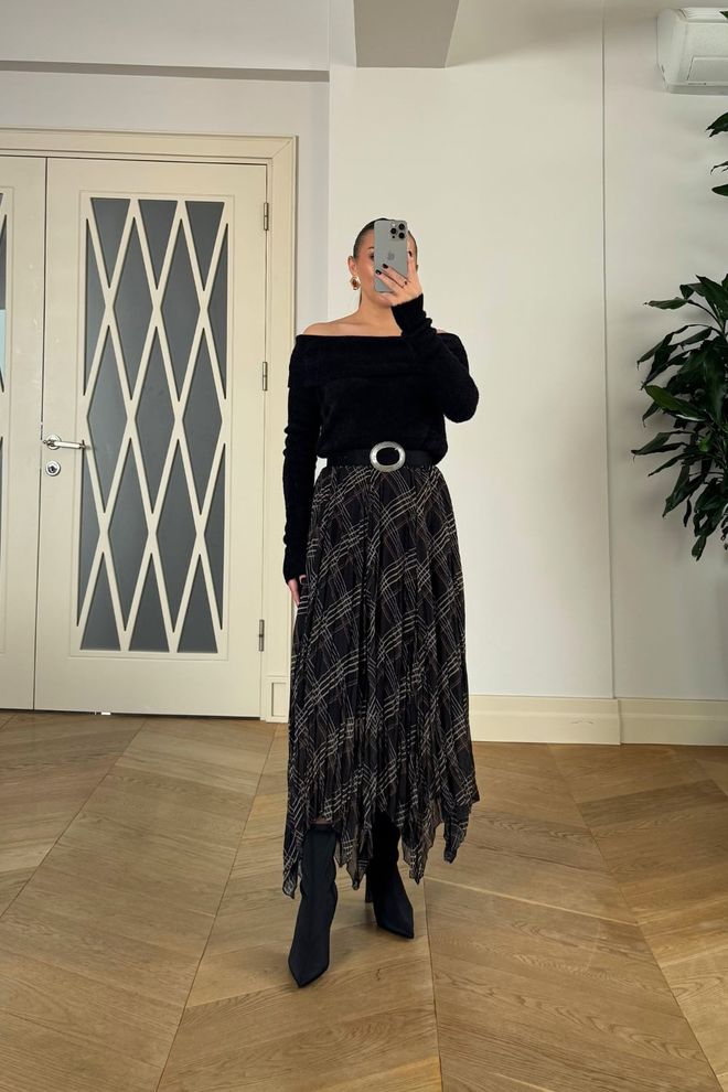 Tuba Elegant Black Asymmetrical Checkered Midi Skirt Wholesale Clothing Birthday