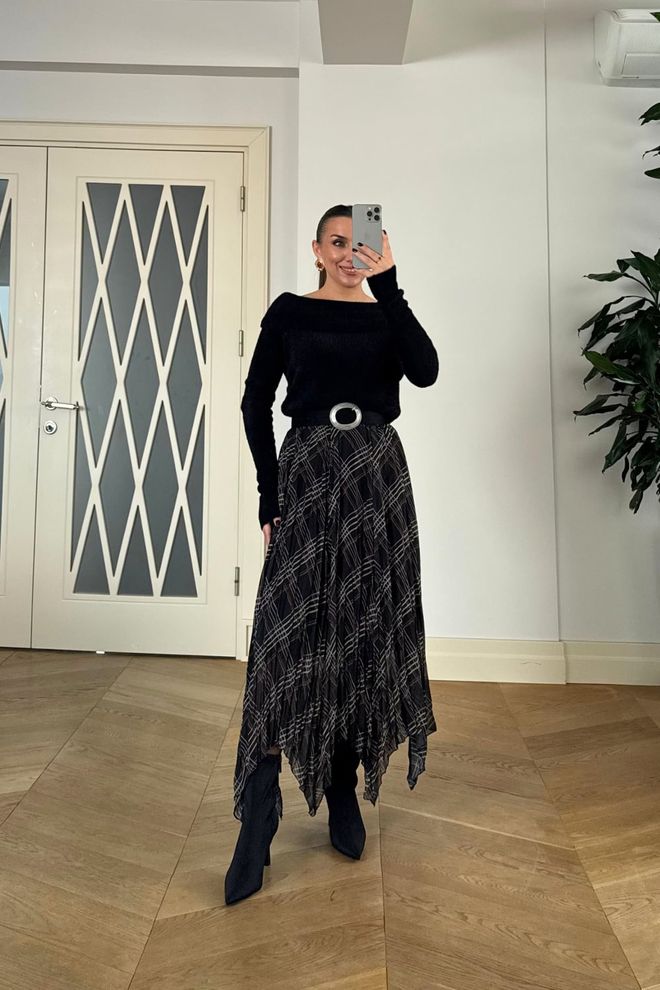 Tuba Elegant Black Asymmetrical Checkered Midi Skirt Wholesale Clothing Work