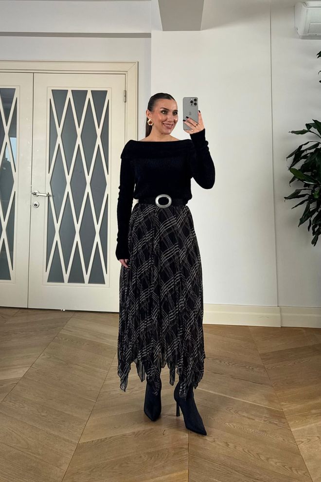 Tuba Elegant Black Asymmetrical Checkered Midi Skirt Wholesale Clothing Formal