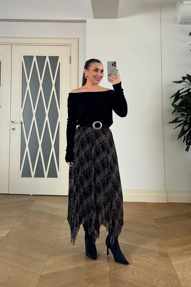 Tuba Eleganter Schwarzer Asymmetrischer Karierten Midi Rock Großhandelskleidung Lässig