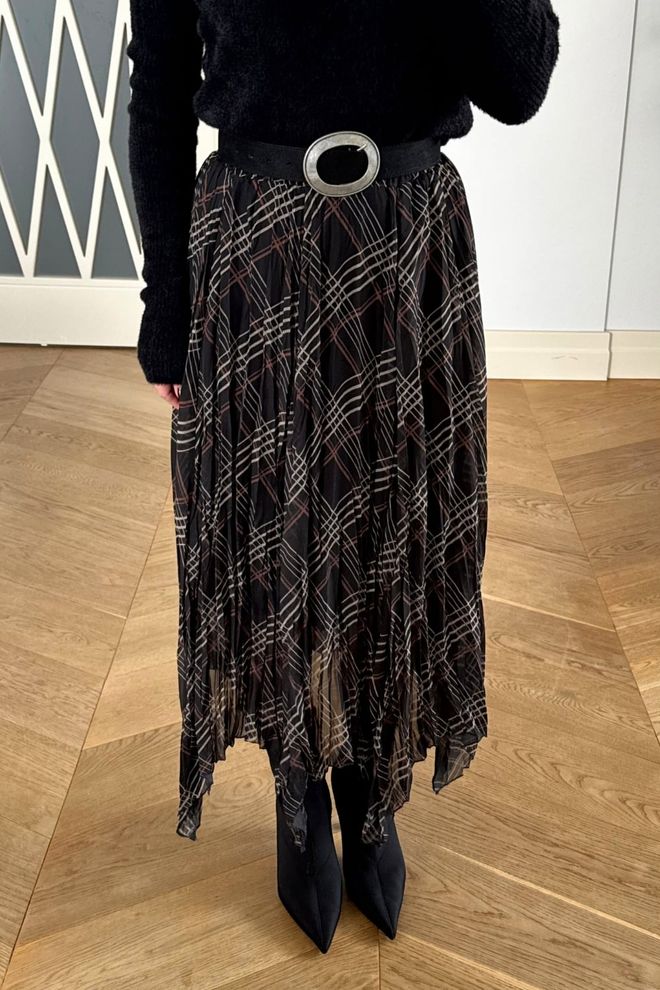 Tuba Elegant Black Asymmetrical Checkered Midi Skirt Wholesale Clothing 1