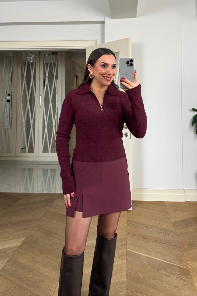 Tuba Claret Red Cardigan With Zip Up Closure Wholesale Clothing Casual