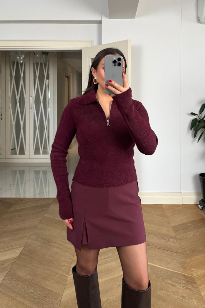 Tuba Claret Red Cardigan With Zip Up Closure Wholesale Clothing 1