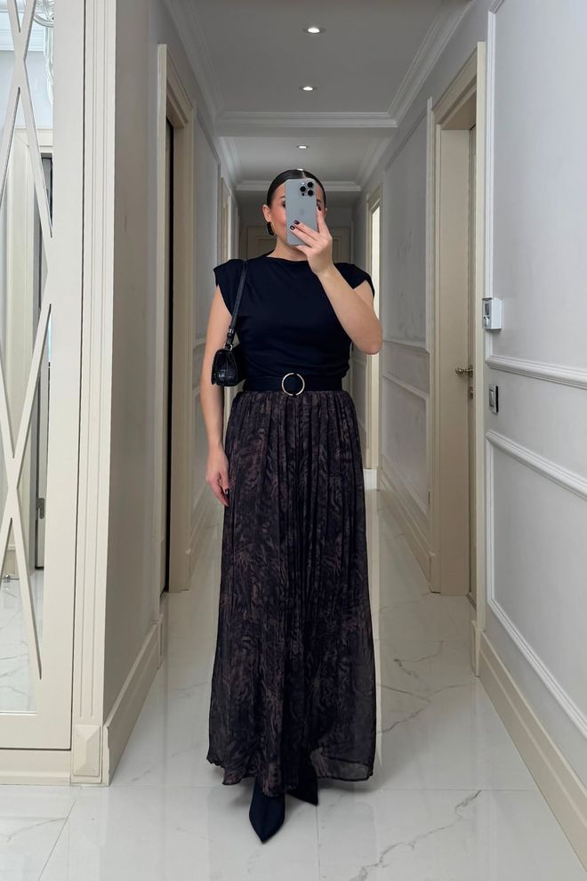Tuba Black Elegant Pleated Maxi Skirt Wholesale Clothing Spring