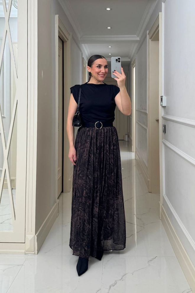 Tuba Black Elegant Pleated Maxi Skirt Wholesale Clothing Vintage