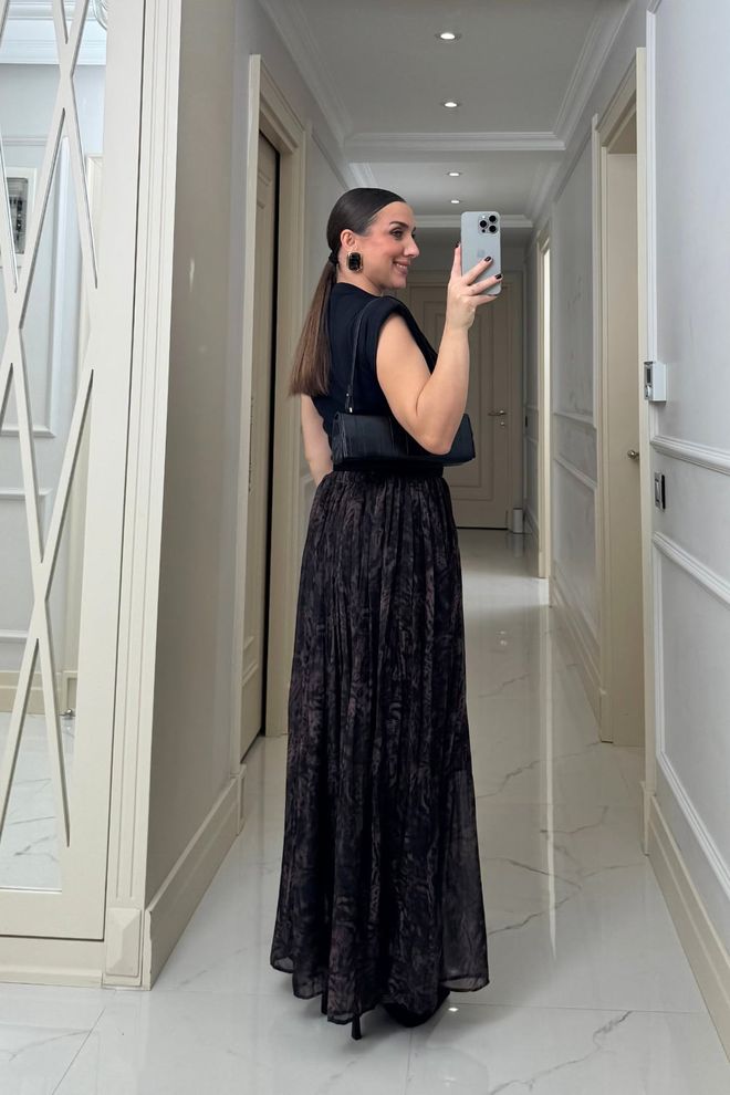 Tuba Black Elegant Pleated Maxi Skirt Wholesale Clothing Birthday