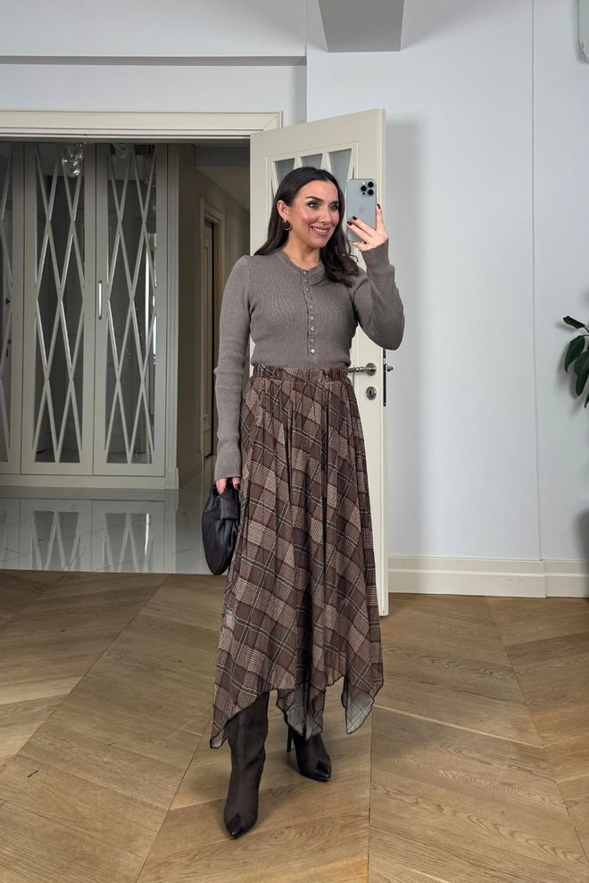 Tuba Brown Asymmetrical Checkered Midi Skirt Wholesale Clothing Lounge