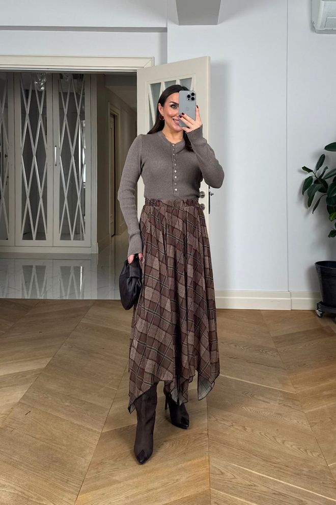Tuba Brown Asymmetrical Checkered Midi Skirt Wholesale Clothing Fall