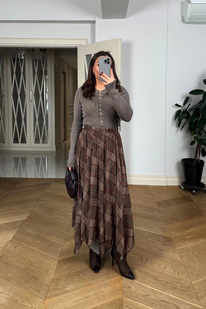 Tuba Brown Asymmetrical Checkered Midi Skirt Wholesale Clothing Casual