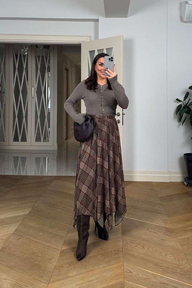 Tuba Brown Asymmetrical Checkered Midi Skirt Wholesale Clothing Modest