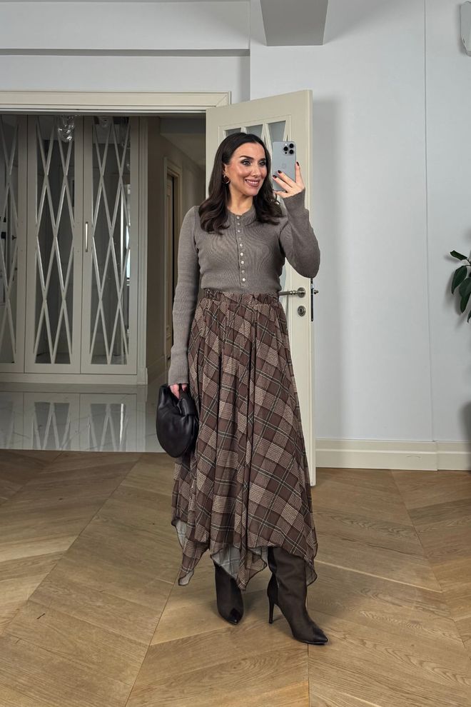 Tuba Brown Asymmetrical Checkered Midi Skirt Wholesale Clothing 1