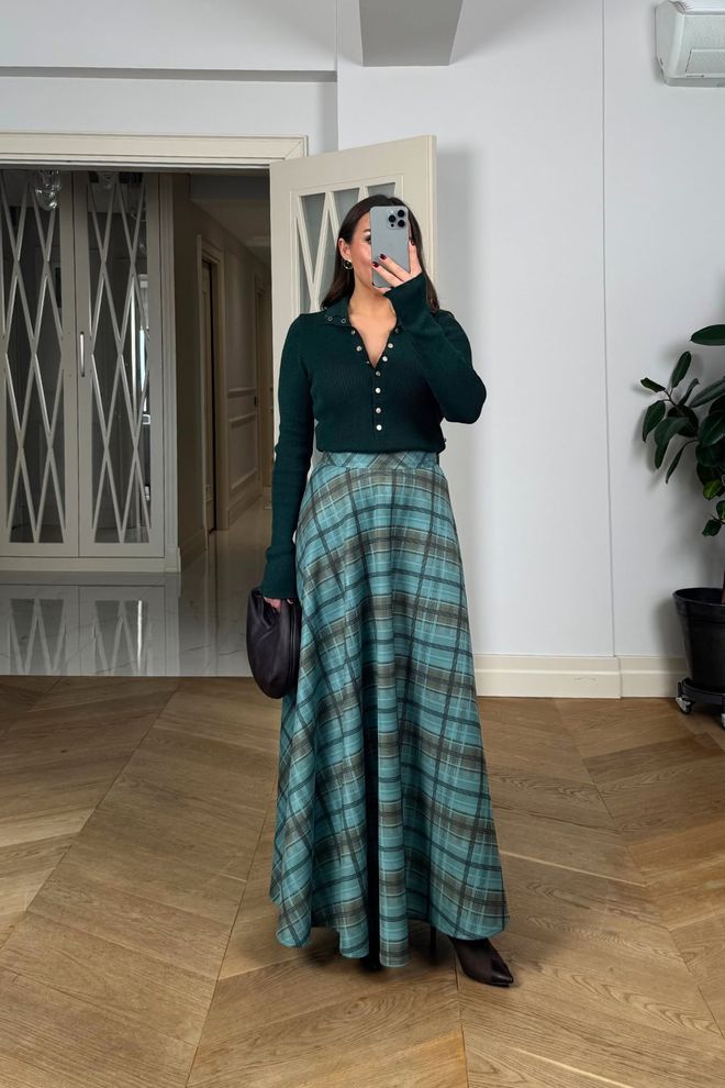 Tuba Blue Plaid Flared Maxi Skirt With High Waist Wholesale Clothing Work
